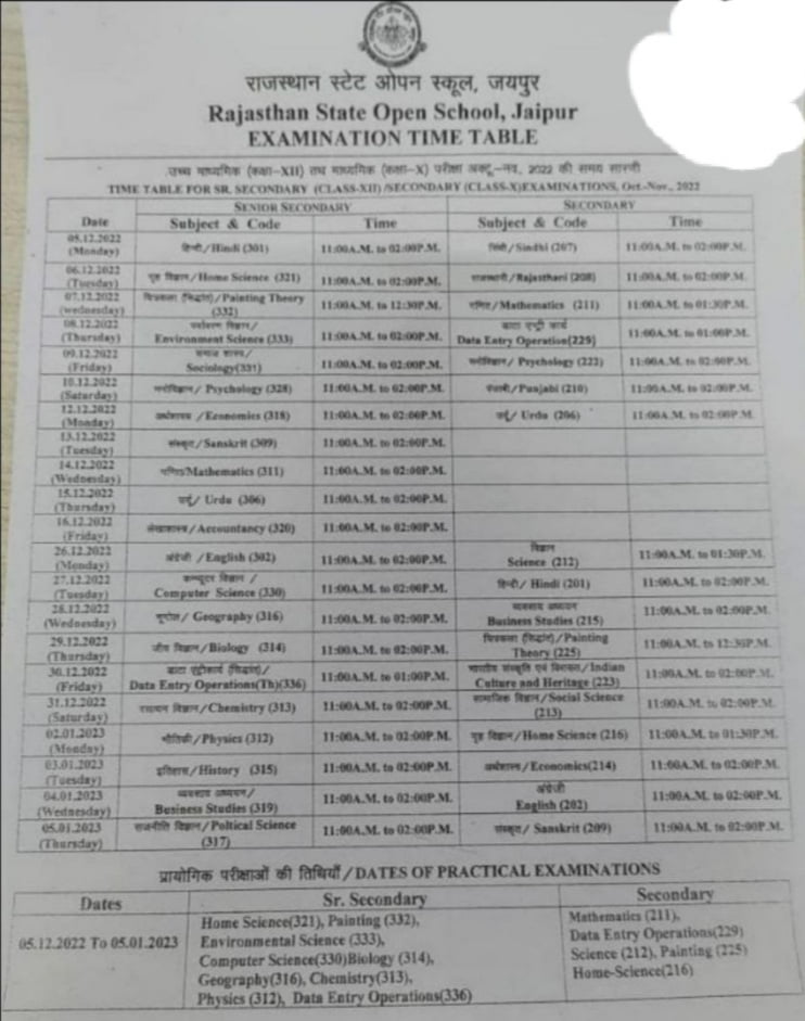 Rajasthan State Open School 12th Class Time Table 2022