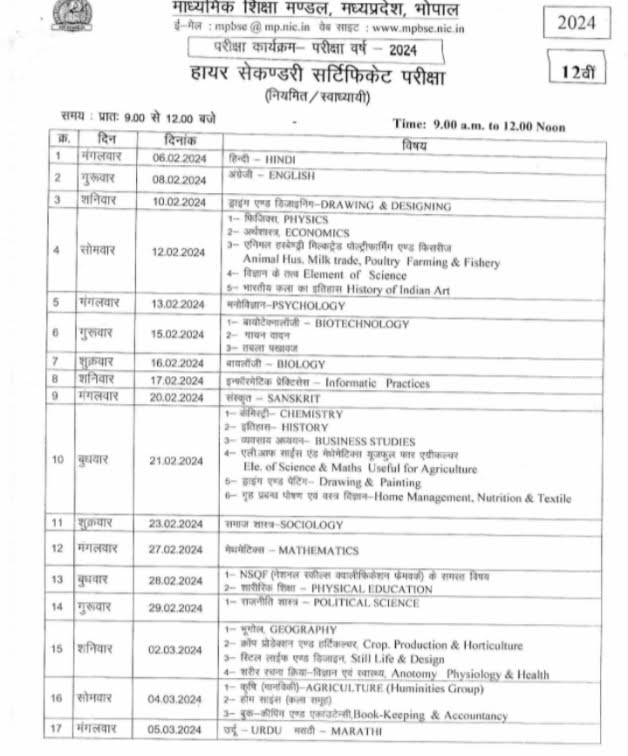 MPBSE 12th Class Time Table 2024